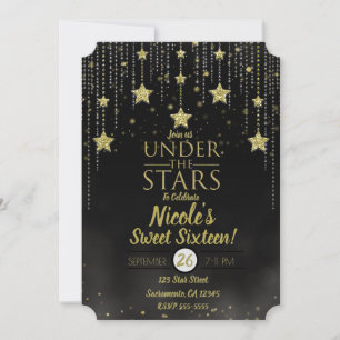Black & Gold Under The Stars Starry Sweet 16 Invitation