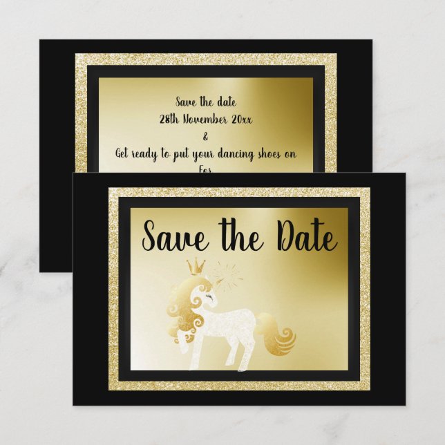 Black Gold Unicorn Birthday Party Save the Date Invitation (Front/Back)