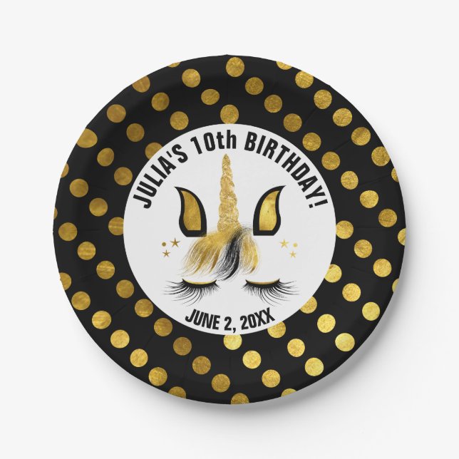 Black & Gold Unicorn Paper Plate (Front)