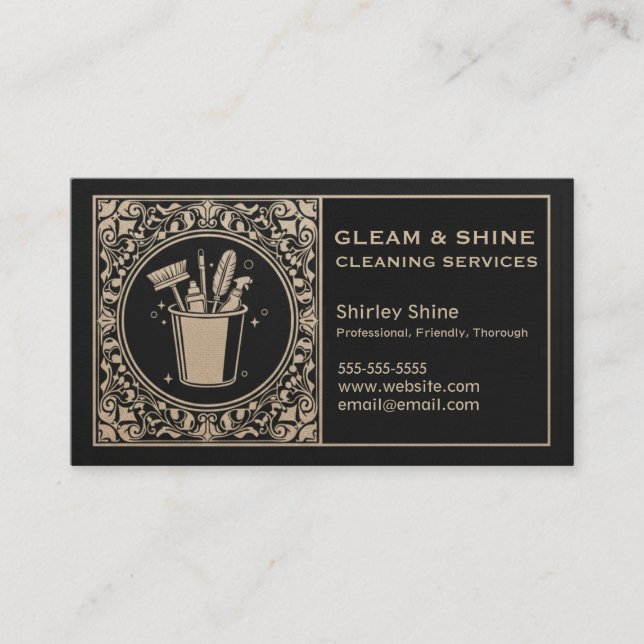 Black & Gold Unisex Cleaner Cleaning Service Business Card (Front)