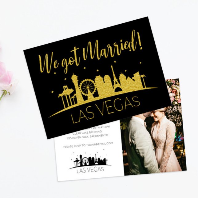 Black Gold Vegas Photo Wedding Elopement Party Invitation (Creator Uploaded)