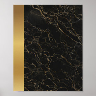 Black Gold Vein Marble Stone / Gold Border Art  Poster