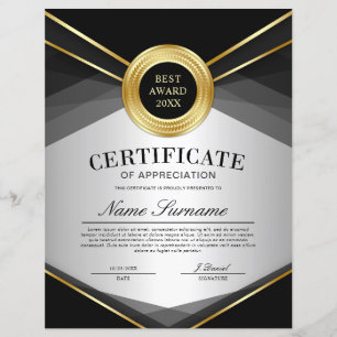 Black & Gold Vertical Certificate of Appreciation 