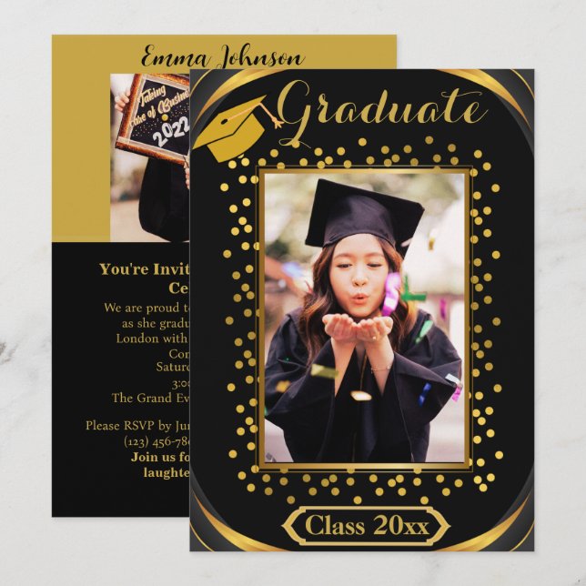 Black & Gold Vertical Photo Graduation Invitation (Front/Back)