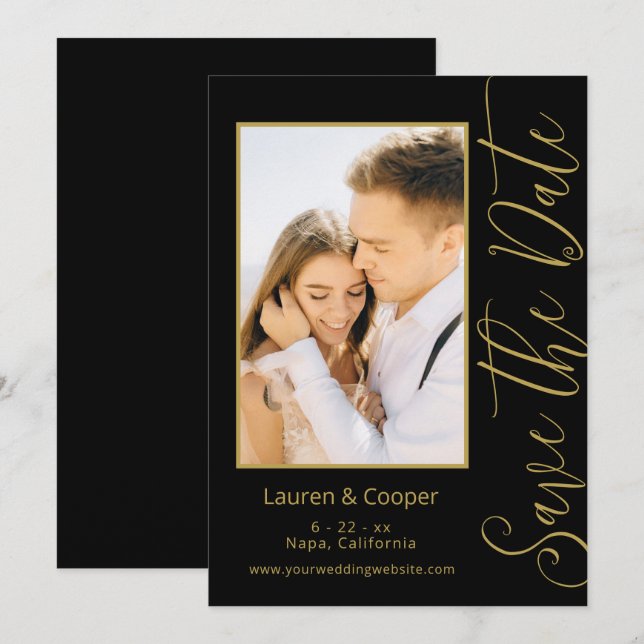 Black Gold Vertical Script Photo Wedding (Front/Back)