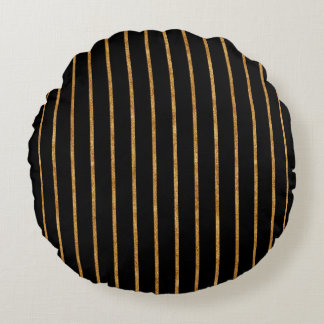 Black & Gold Vertical Stripe Pattern Round Pillow