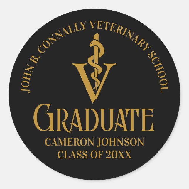 Black Gold Veterinary School Graduation Party Classic Round Sticker (Front)