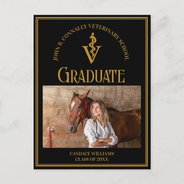 Black Gold Veterinary School Photo Graduation Announcement Postcard (Front)