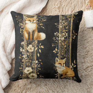 Black Gold Victorian Fox Botanical Pattern Cushion