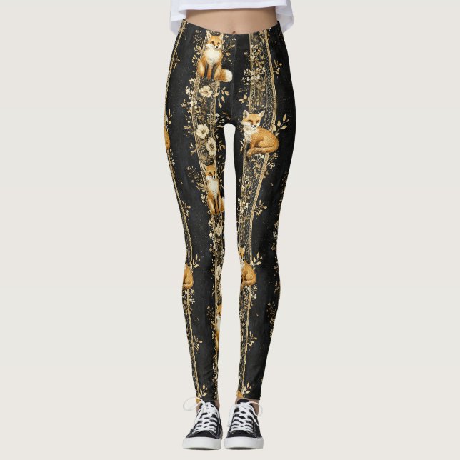 Black Gold Victorian Fox Botanical Pattern Leggings (Front)