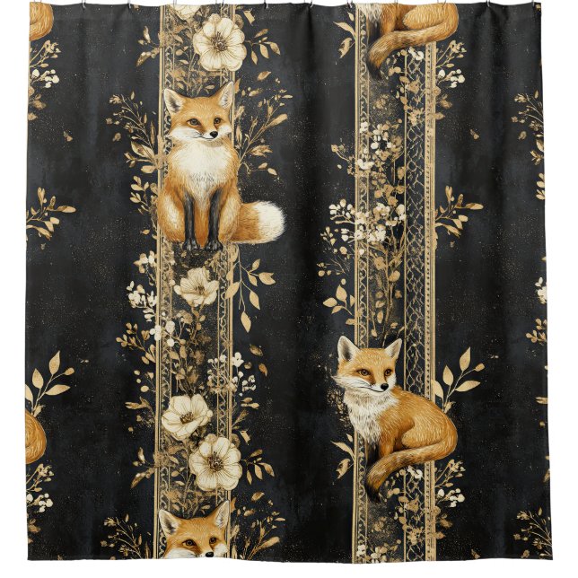Black Gold Victorian Fox Botanical Pattern Shower Curtain (Front)