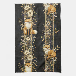 Black Gold Victorian Fox Botanical Pattern Tea Towel
