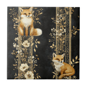 Black Gold Victorian Fox Botanical Pattern Tile