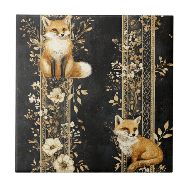 Black Gold Victorian Fox Botanical Pattern Tile (Front)