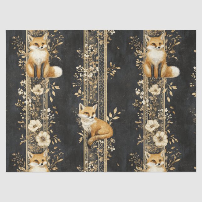 Black Gold Victorian Fox Botanical Pattern Tissue Paper (Front)