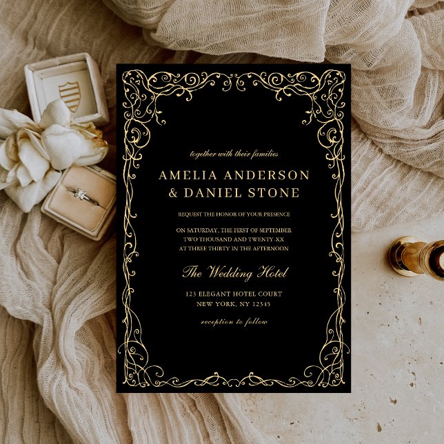 Black Gold Victorian Minimalist Elegant Wedding Invitation (Creator Uploaded)