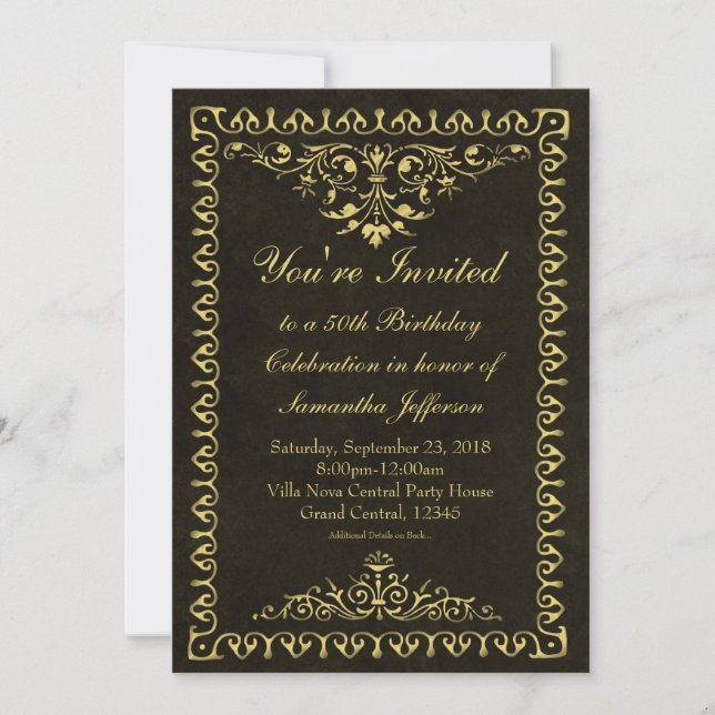 Black/Gold Vintage 50th/Birthday/Party Invitations (Front)