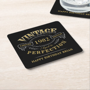 Black Gold Vintage Aged To Perfection birthday Square Paper Coaster
