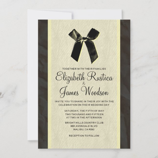 Black Gold Vintage Bow & Linen Wedding Invitations (Front)