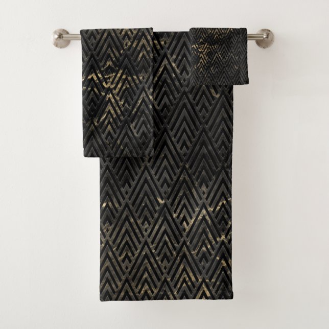  BLACK GOLD VINTAGE CHEVRON MARBLE BATHROOM TOWEL (Insitu)