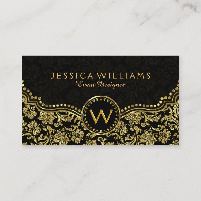 Black & Gold Vintage Floral Damasks Business Card (Front)