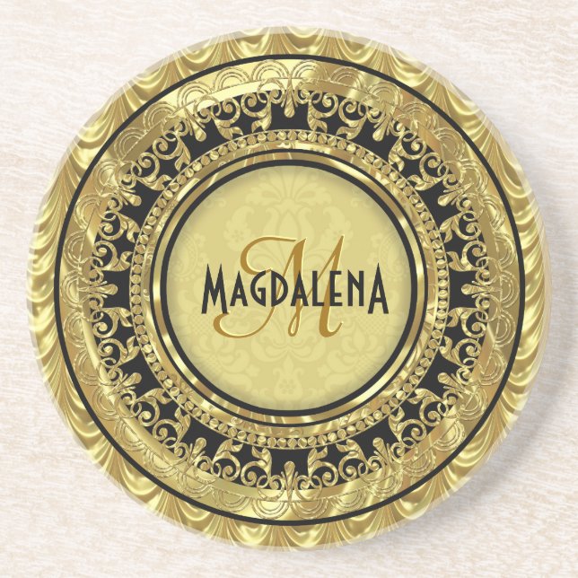 Black & Gold Vintage Floral Damasks-Monogram Coaster (Front)