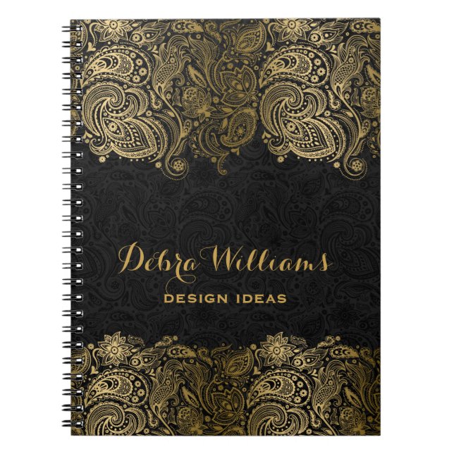 Black & Gold Vintage Floral Paisley Lace Notebook (Front)