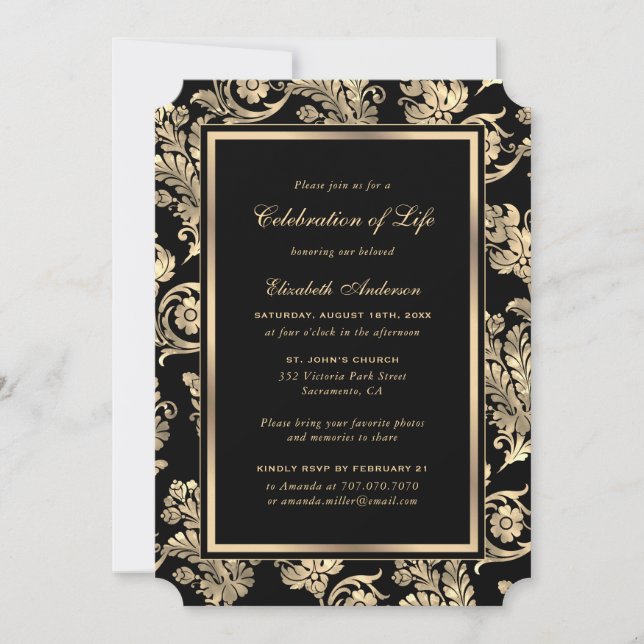 Black Gold Vintage Funeral Celebration of Life Invitation (Front)