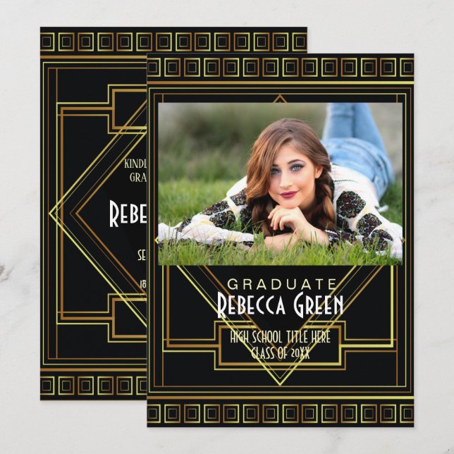 Black Gold vintage Great gatsby graduation party Invitation (Front/Back)