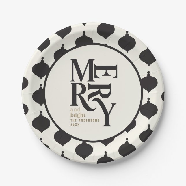 Black & gold vintage merry chritsmas party paper plate (Front)