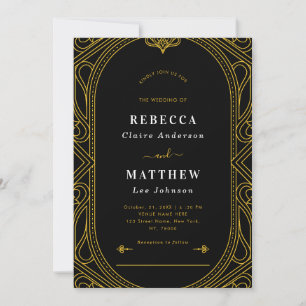 Black & Gold Vintage Modern Deco Geometric Wedding Invitation