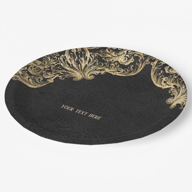 Black gold Vintage Ornate Gold Paper Plate (Angled)