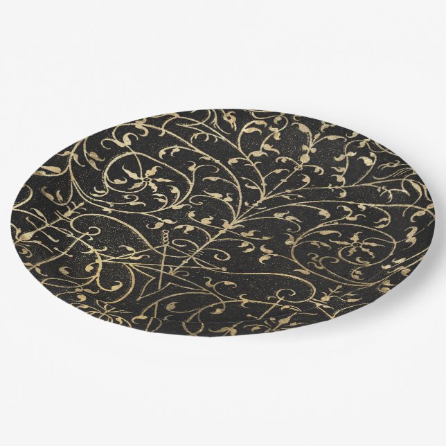 Black gold Vintage Ornate Gold Paper Plate (Angled)
