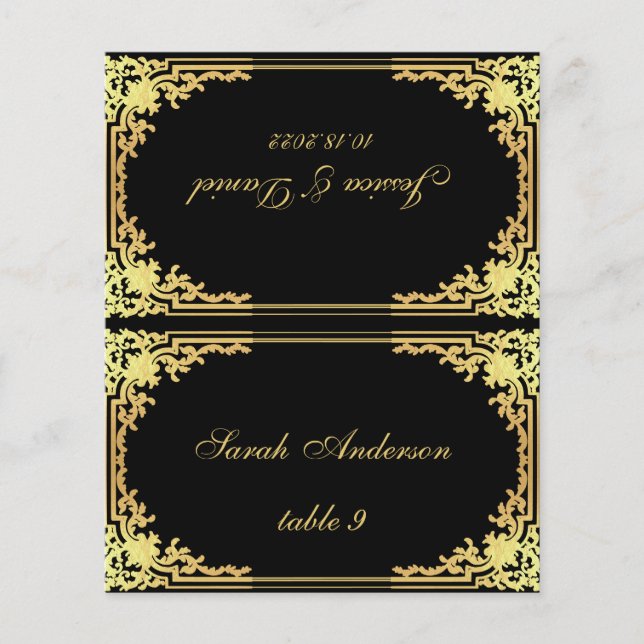 Black Gold Vintage Printed Name Wedding Place Card (Front)