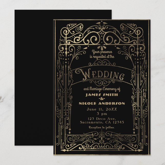 Black & Gold Vintage Victorian Deco Wedding Invitation (Front/Back)