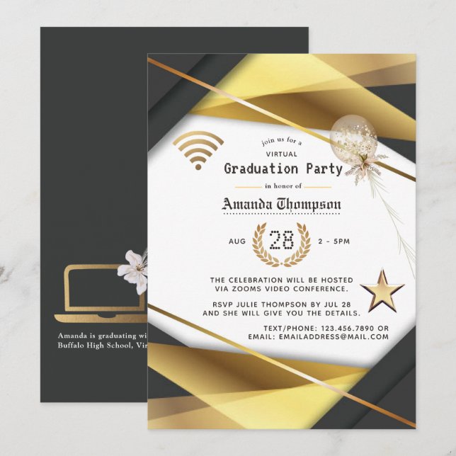 Black & Gold Virtual Graduation Party Certificate Invitation (Front/Back)