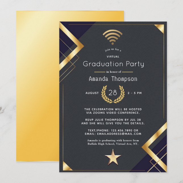 Black & Gold Virtual Graduation Party Certificate Invitation (Front/Back)