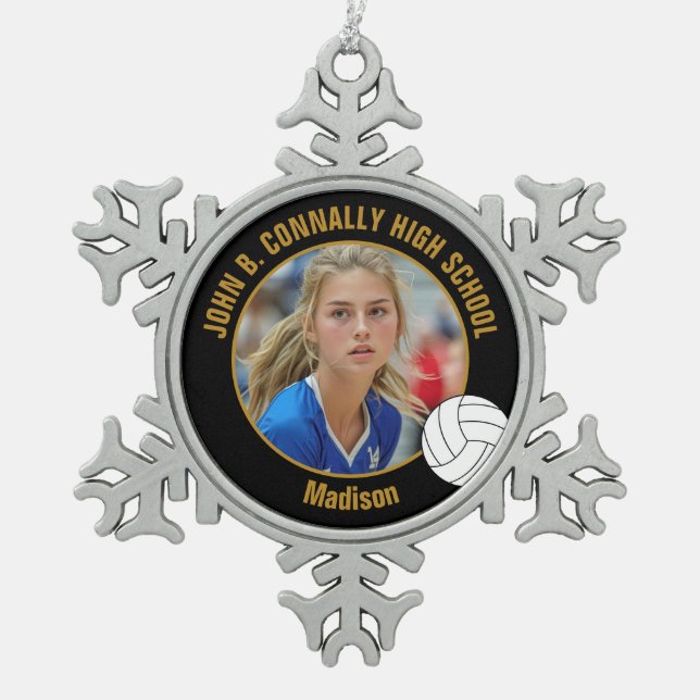Black Gold Volleyball Player Photo High School Snowflake Pewter Christmas Ornament (Front)