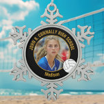 Black Gold Volleyball Player Photo High School Snowflake Pewter Christmas Ornament<br><div class="desc">This cool customized high school volleyball player photo gift features typography of your team and player name on a black and gold snowflake Christmas ornament with a ball design. Personalize with your student's photograph and class year as a proud sports parent for a commemorative keepsake present.l</div>