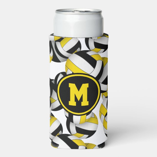 black gold volleyballs pattern w player monogram seltzer can cooler (Seltzer Front)