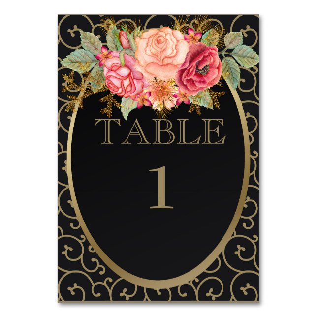Black Gold w/  Pink Red Roses Reception Place Card (Front)