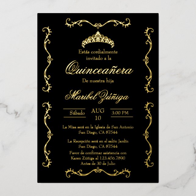 Black Gold w/wreath Quinceanera invitation Foil In (Front)
