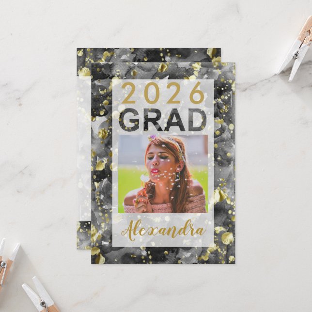 Black Gold Watercolor Art 2025 Photo Graduation Invitation (Front/Back In Situ)