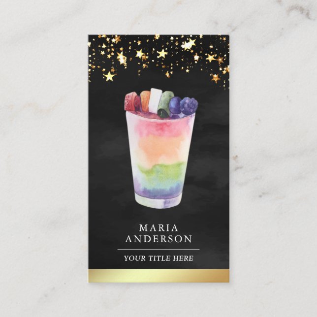 Black Gold Watercolor Colourful Fruit Juice Glass Business Card (Front)
