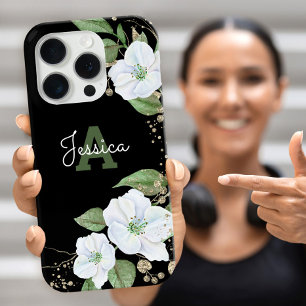 Black Gold Watercolor Floral Monogram Script Chic iPhone 16 Pro Case