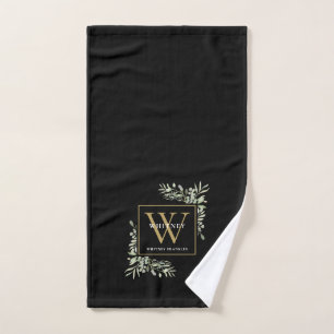 Black Gold Watercolor Greenery Monogram Name   Hand Towel