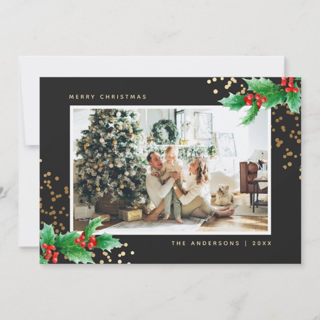 Black Gold Watercolor Holly Photo Christmas Cards (Front)