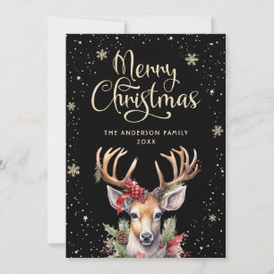 Black Gold Watercolor Reindeer Merry Christmas Holiday Card