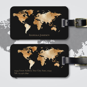Black Gold Watercolor World Map Personalised Luggage Tag