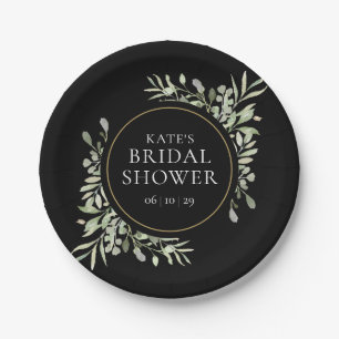 Black Gold Watercolour Greenery Bridal Shower Paper Plate